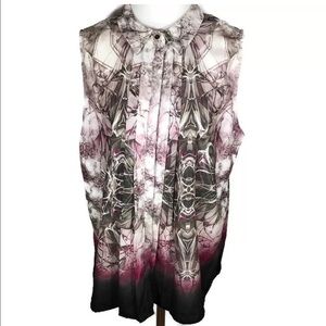 Fylo London Size L Pleated Front‎ Sleeveless Blouse Button Collar Office Hi Low